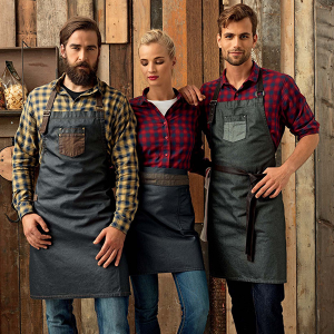 Waxed look denim bib apron with faux leather