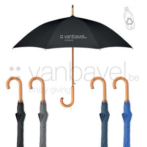 eco 23 inch auto open umbrella in 190T RPET pongee with wooden shaft, tips, top and handle