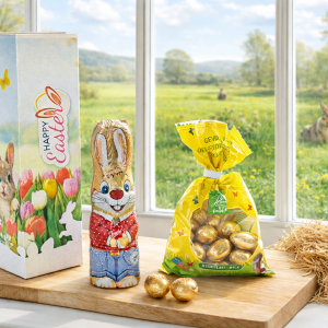 Paasdoos met chocohaas en eitjes